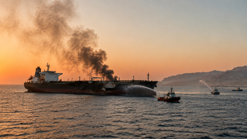 Damaged oil tanker under fire-response operations in the Strait of Hormuz at sunset