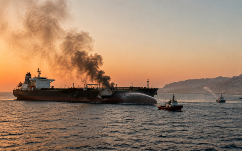 Damaged oil tanker under fire-response operations in the Strait of Hormuz at sunset