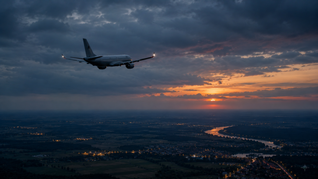 A government aircraft flying above Moldova at dusk as an airspace security alert raises concerns during a diplomatic flight.