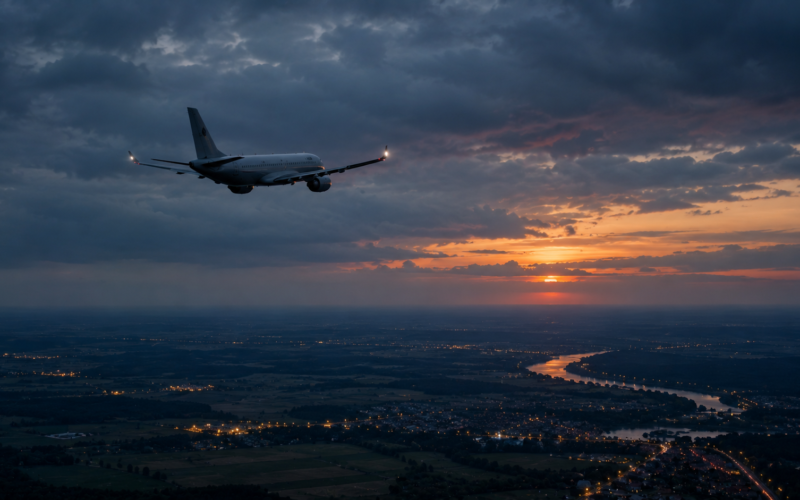 A government aircraft flying above Moldova at dusk as an airspace security alert raises concerns during a diplomatic flight.