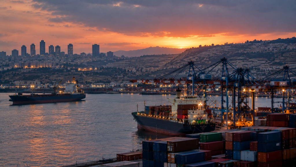 Shipping containers and cargo vessels illustrate international trade restrictions targeting Israeli West Bank settlements amid diplomatic tensions and Israeli retaliation.