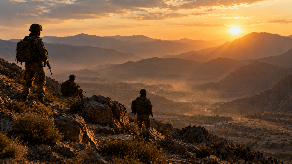 Pakistani soldiers on a Balochistan ridge at golden hour