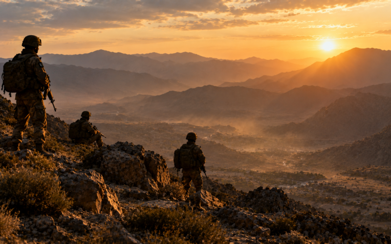 Pakistani soldiers on a Balochistan ridge at golden hour