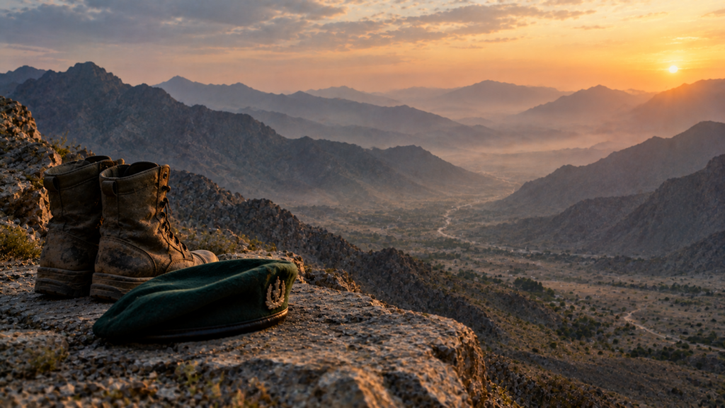 Soldier's beret and boots on a ledge above a Balochistan valley