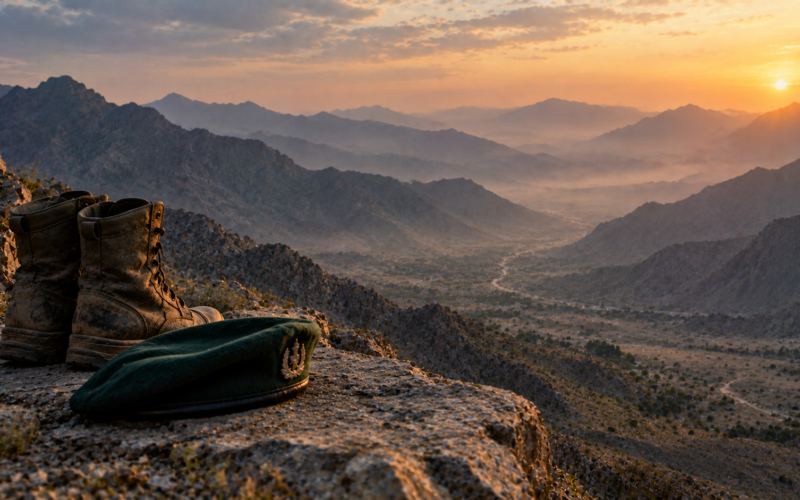 Soldier's beret and boots on a ledge above a Balochistan valley