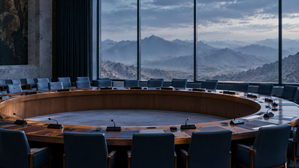 Empty Security Council-style table facing a mountain range