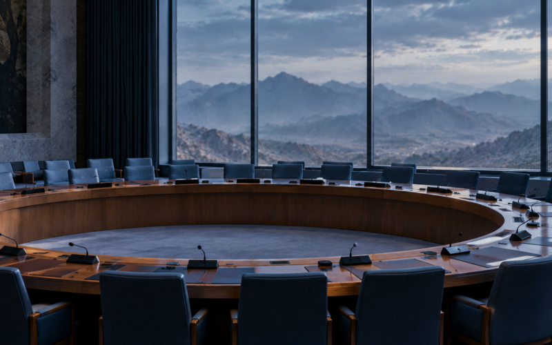 Empty Security Council-style table facing a mountain range