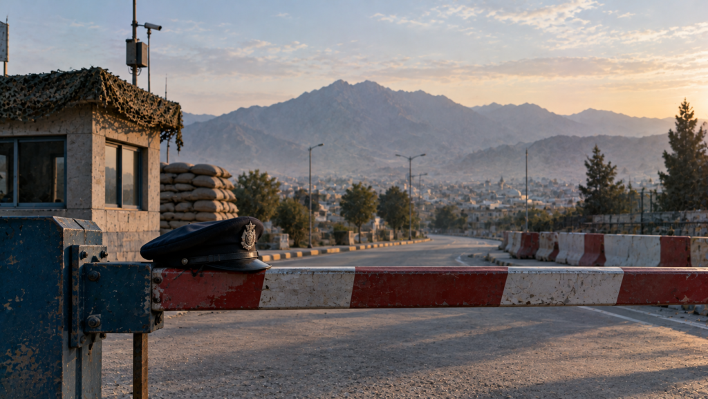 Empty police checkpoint barrier on a quiet street in Quetta
