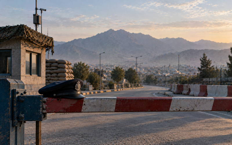 Empty police checkpoint barrier on a quiet street in Quetta