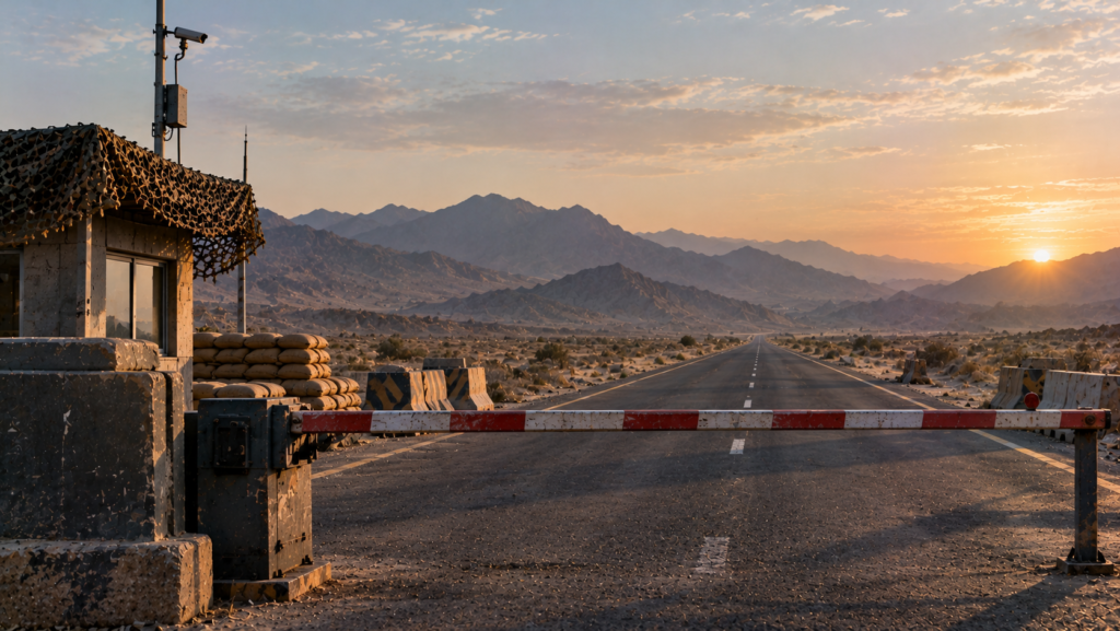 Highway checkpoint barrier on a desert road in Balochistan