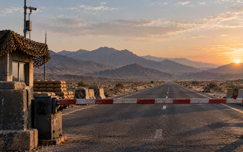 Highway checkpoint barrier on a desert road in Balochistan