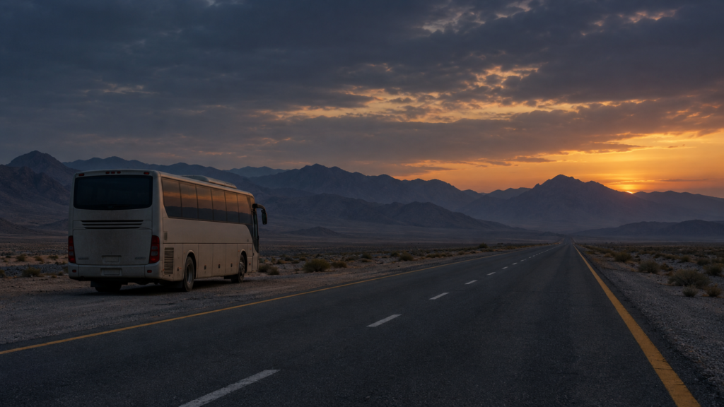 Passenger bus parked on a desert highway near Taftan at dusk