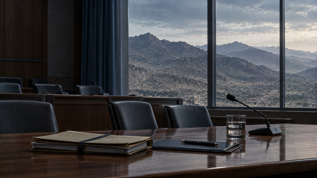 Empty inquiry hearing table with a case file