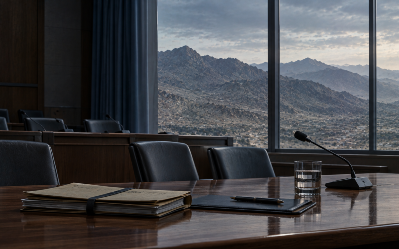 Empty inquiry hearing table with a case file