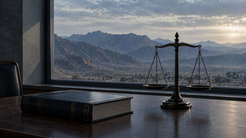 Law book and balance scale on a table facing a mountain horizon