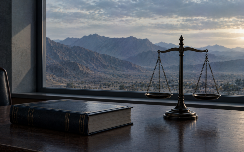 Law book and balance scale on a table facing a mountain horizon