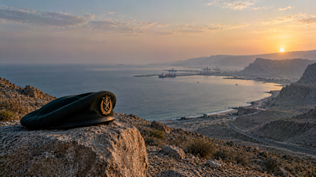 Folded army beret on a stone above the Gwadar coastline at dawn