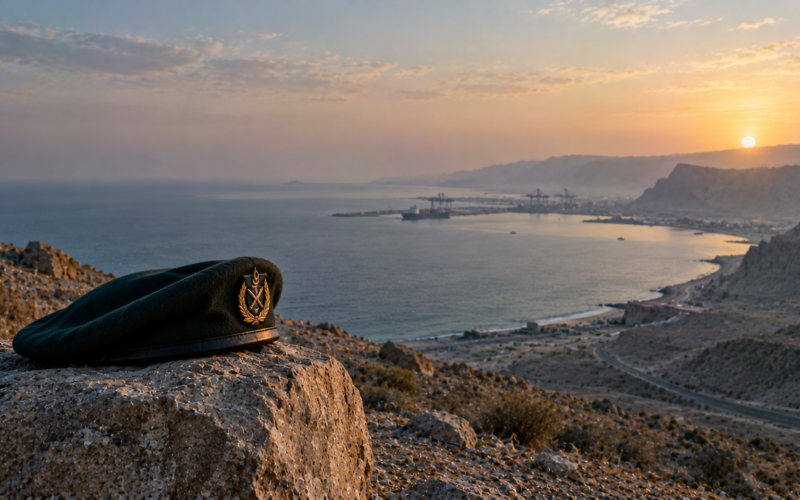 Folded army beret on a stone above the Gwadar coastline at dawn