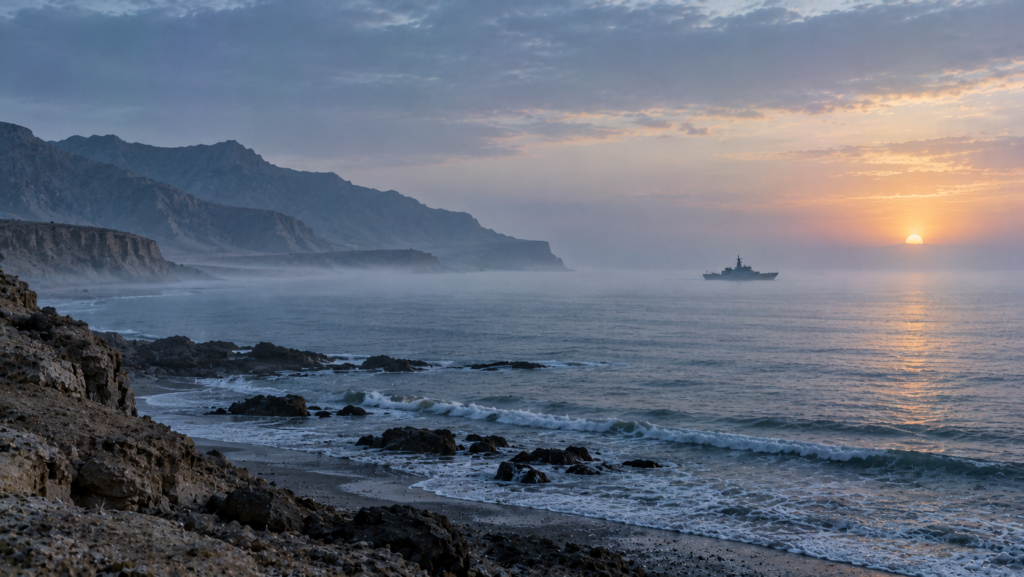 Patrol boat silhouette off the coast near Jiwani at dawn