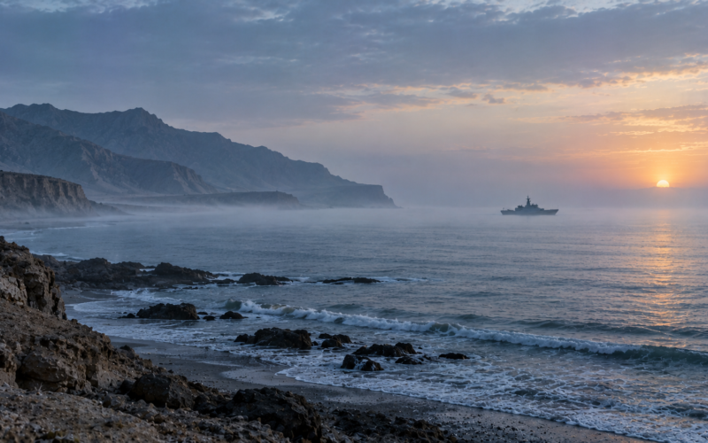 Patrol boat silhouette off the coast near Jiwani at dawn