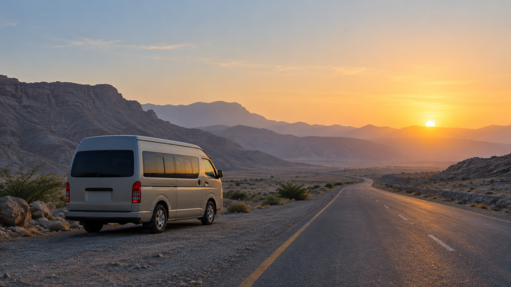 Parked passenger van on a quiet road in Balochistan at dawn