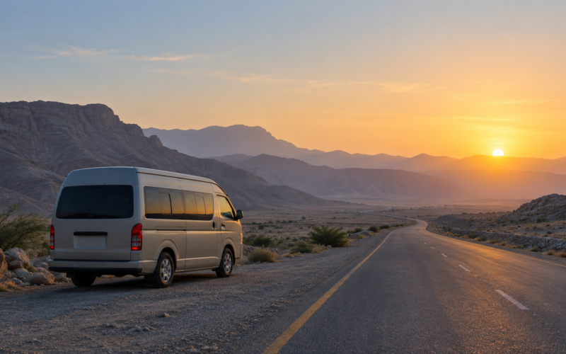 Parked passenger van on a quiet road in Balochistan at dawn