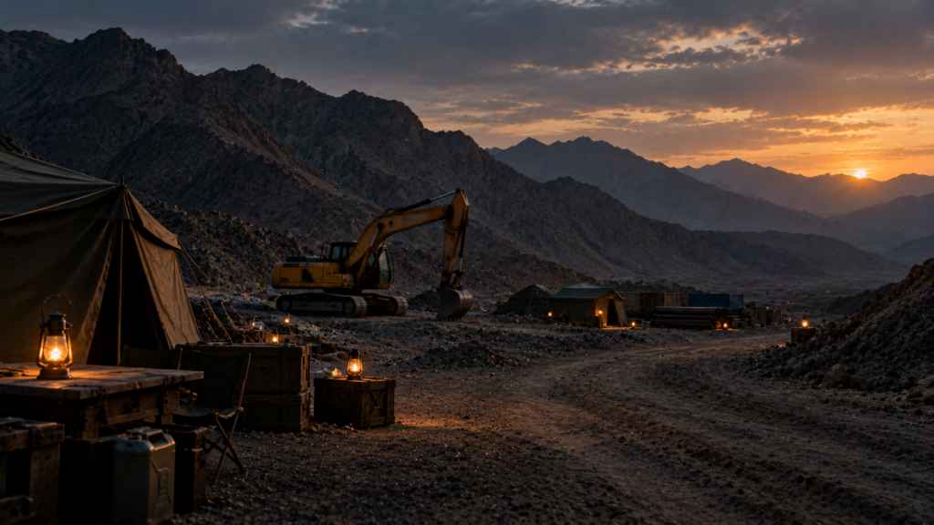 Empty road-construction camp at dusk in Balochistan