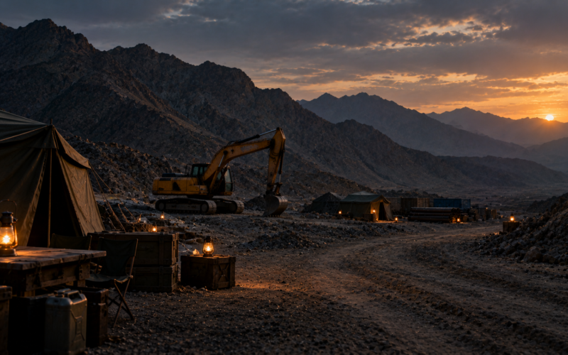 Empty road-construction camp at dusk in Balochistan