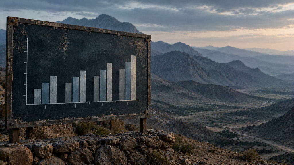Bar chart on a notice board in front of a Balochistan hillside