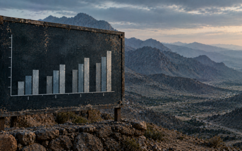 Bar chart on a notice board in front of a Balochistan hillside